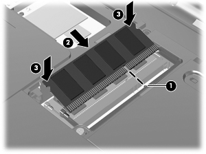c. Tekan perlahan modul memori (3) ke bawah dengan memberikan tekanan pada sisi kiri dan kanan modul memori hingga klip penahan terpasang pada tempatnya. 10.