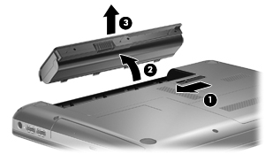 2. Sejajarkan tab pada baterai dengan takik pada komputer, masukkan baterai (1), lalu putar posisi baterai ke bawah (2) ke dalam tempat baterai.