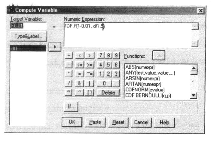 3. Pilih menu Transform, kemusian Compute, maka akan terbuka window dialog Compute Variabel. Isikan pada Target Variable nama variabel baru F0.01.