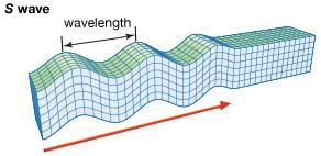 2) Gelombang S (Sekunder/Shear) Gelombang S disebut juga gelombang transversal. Arah gerakan partikel pada gelombang S tegak lurus terhadap arah penjalaran gelombangnya (Gambar 6).