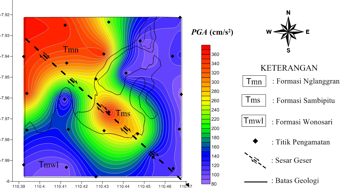 Analisis percepatan getaran tanah menggunaan metode Kanai menghasilkan nilai PGA akibat gempa Yogyakarta 27 Mei 2006 sebesar 84,74 363,1 cm/s² yang tersebar di 24 titik pengamatan seperti tertera