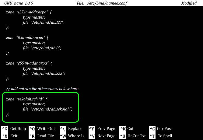 # /etc/init.d/networking restart 2.9.2 Membuat DNS pada Router Install bind #apt-get install bind Setelah terinstall lakukan setting pada file konfigurasi bind #nano /etc/b ind/named.