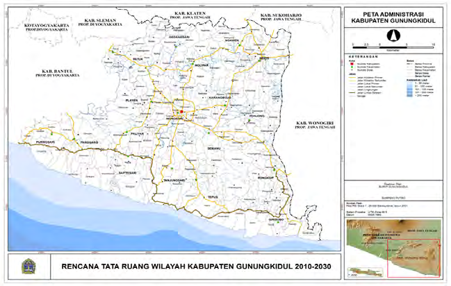 Peta 2.7 Peta Administrasi Wilayah Kabupaten Gunung Kidul 2.3.1.2 Penggunaan Lahan Eksisting Penggunaan lahan di Kabupaten Gunung Kidul didominasi oleh penggunaan lahan Tegalan/ladang seluas 84.