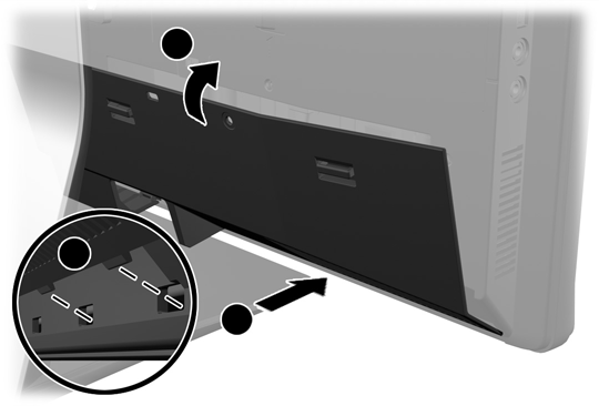 2. Tahan penutup dekat dengan komputer (1) dan sejajarkan sisi kanan penutup dengan sisi kanan komputer.