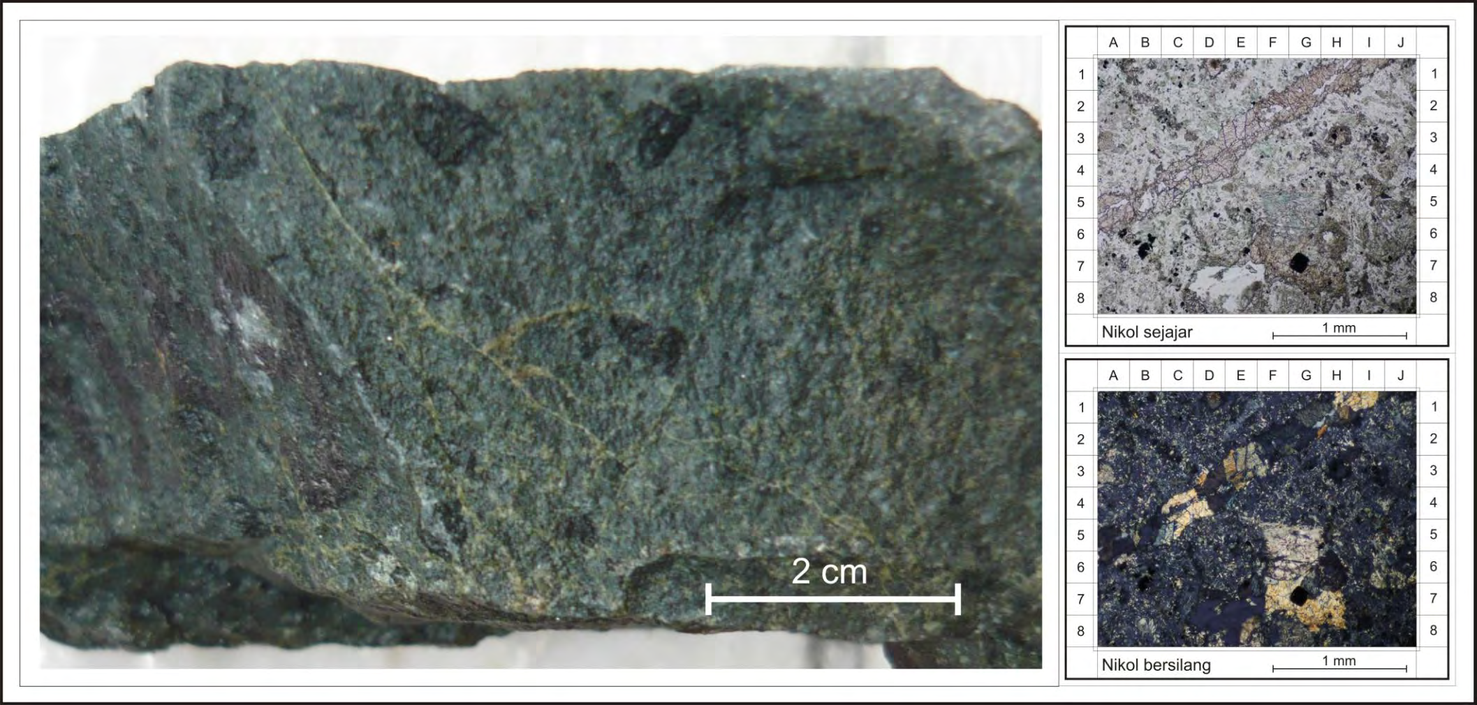 Foto 4.4 Sampel batuan yang mengalami alterasi klorit-epidot-kalsit (HH_13). a) Sampel batuan andesit yang teralterasi.