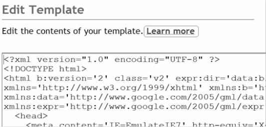 Gambar 3.7 Kode keterangan pembuat Pada halaman Edit HTML ini, Blogger memberikan Anda link untuk mempelajari lebih lanjut kode HTML, tetapi masih menggunakan bahasa Inggris.