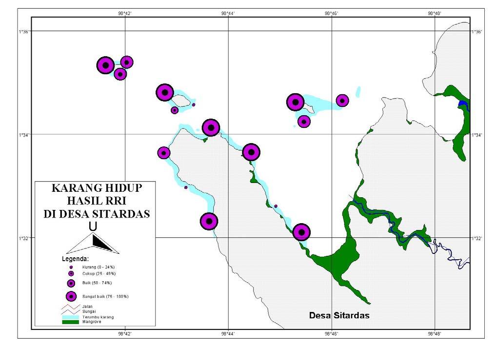 Gambar 16.b. Peta kondisi terumbu karang berdasarkan persentase tutupan karang hidup di masingmasing