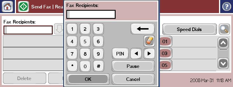 1 Apabila Recipient Number Entry Box [Kotak Entri Nomor Penerima] ditekan, akan ditampilkan pop-up yang menyertakan tombol PIN untuk menambahkan karakter khusus, tanda kurung siku ([ ]) untuk