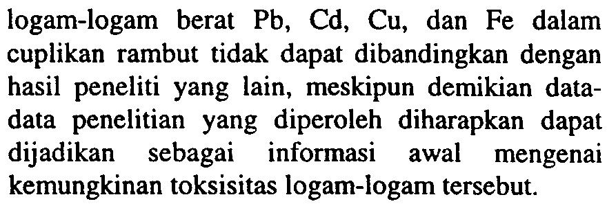 C. Supriyanto, dkk. ISSN 0216-3128 217 ~ - Pacta Tabel 3 disajikan kandungan logamlogam Pb, Cd, Fe, dad Cu dalam cuplikan rambut.