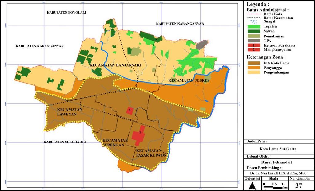 81 Gambar 37. Kota Lama Surakarta Sedangkan zona pengaruh rendah diklasifikasikan sebagai zona pengembangan yang meliputi Kecamatan Jebres dan Banjarsari yang berada pada bagian utara kota.
