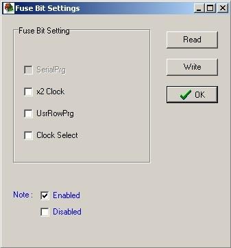 5.6. PENGATURAN FUSE BIT Dialog Fuse Bit Settings akan muncul bila menu Instructions Fuse Bit Settings dipilih.