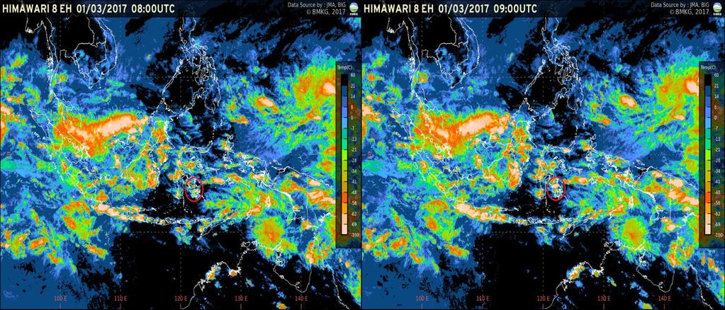II. ANALISIS DAN PEMBAHASAN A. Satelit Cuaca Berdasarkan gambar satelit Himawari 8 EH pada tanggal 01 Maret 2017 yang diambil mulai pukul 06.
