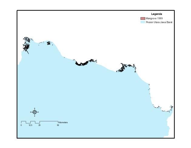35 (a) (b) (c) (d) Gambar 13. Peta Persebaran Hutan Mangrove Jawa Barat di Pesisir Utara Tahun 1999 (a) dan Tahun 2012 (b), Pesisir Selatan Tahun 1999 (c) dan Tahun 2012 (d) 4.
