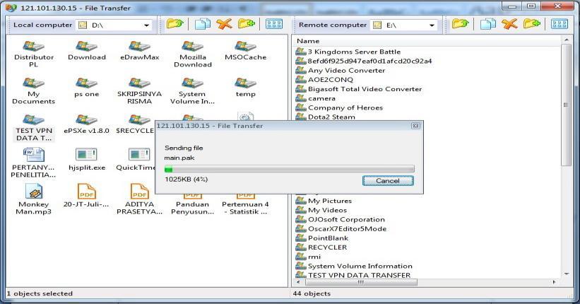 4.1 Hasil File Transfer Melalui IP Public Kedua Router Gateway Gambar 7: Radmin Sedang Melakukan File Transfer Radmin dijalankan untuk mengirim file ke arah IP Public Router Gateway