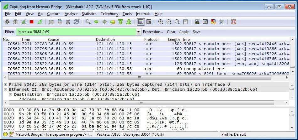 Pada waktu pengiriman tersebut Wireshark di-capture sehingga menghasilkan data seperti pada Gambar 8 Gambar 8: Hasil Capture File Transfer Melalui Ip Public Dapat dilihat pada hasil