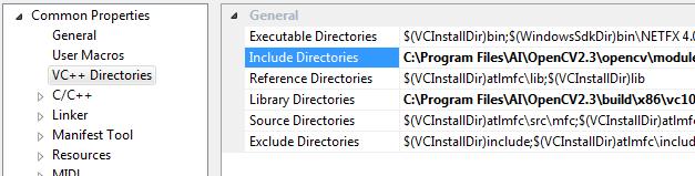 Lihat gambar di bawah untuk penjelasan lebih lengkap. Include Directories yang harus disesuaikan/dimasukkan adalah: C:\Program Files\AI\OpenCV2.