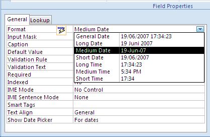 Untuk mengatur bentuk format tampilan field TGL LAHIR, Anda dapat mengikuti langkah berikut ini : Pada jendela Desain tabel, klik field yang akan Anda format, yaitu field TGL LAHIR, kemudian klik