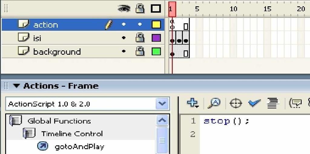 Klik pada frame pertama, kemudian gunakan tombol F9 pada keyboard untuk menampilkan panel action.