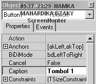 2. Tambahkan tombol pada form component, melalui component pallete + standard + button. Maka pada form anda mempunyai sebuah tombol dengan teks button1.