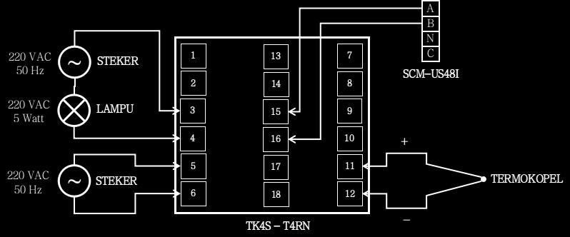 Hubungkan peralatan TK4S-T4RN, SCM-US48I, dan lampu sesuai skema