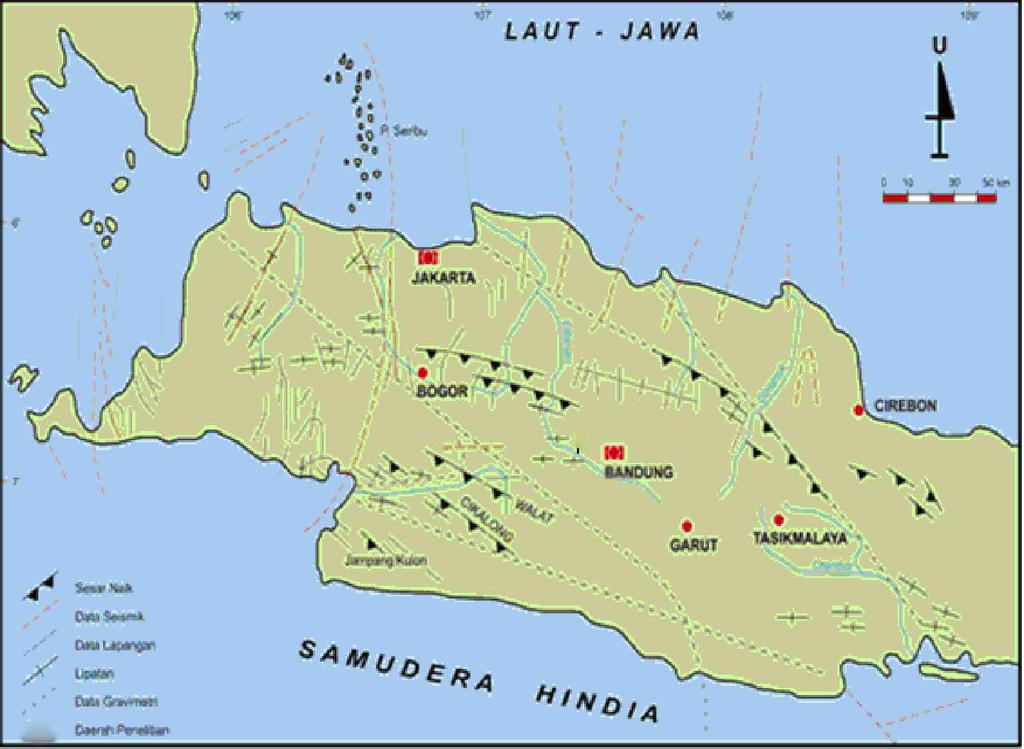 Kekar umumnya dijumpai dan berkembang baik pada batuan andesit yang berumur Oligo Miosen Kuarter. Gambar 3.4. Struktur Jawa Barat ( Martodjojo, 1984) 3.