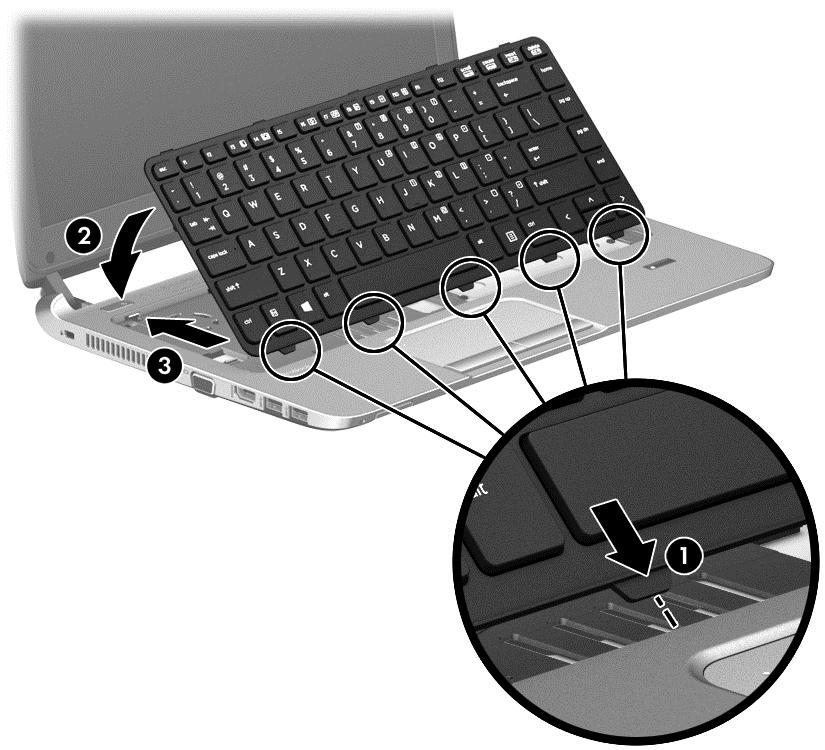 8. Dorong keyboard (3) ke arah bagian belakang komputer sampai terkunci di tempat. 9.