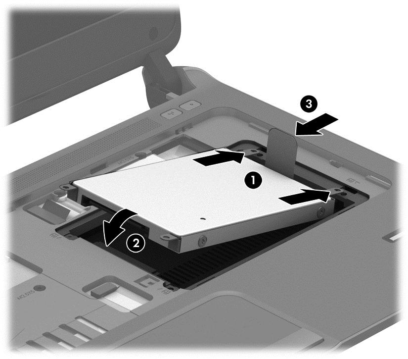 Memasang harddisk Untuk memasang harddisk: 1. Miringkan harddisk ke dalam rongganya sambil menyetelkan tonjolan penyetel (1) di bagian tepi harddisk dengan lekukan pada komputer. 2.