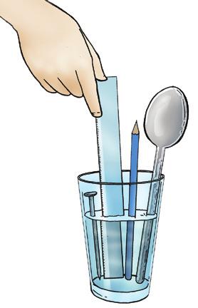 a Hati-hati ketika menuangkan air jangan sampai tumpah. 2. Masukkan sendok, paku, penggaris plastik, dan pensil ke dalam gelas berisi air. Perhatikan Gambar b. 3. Diamkan ± 2 menit. 4.