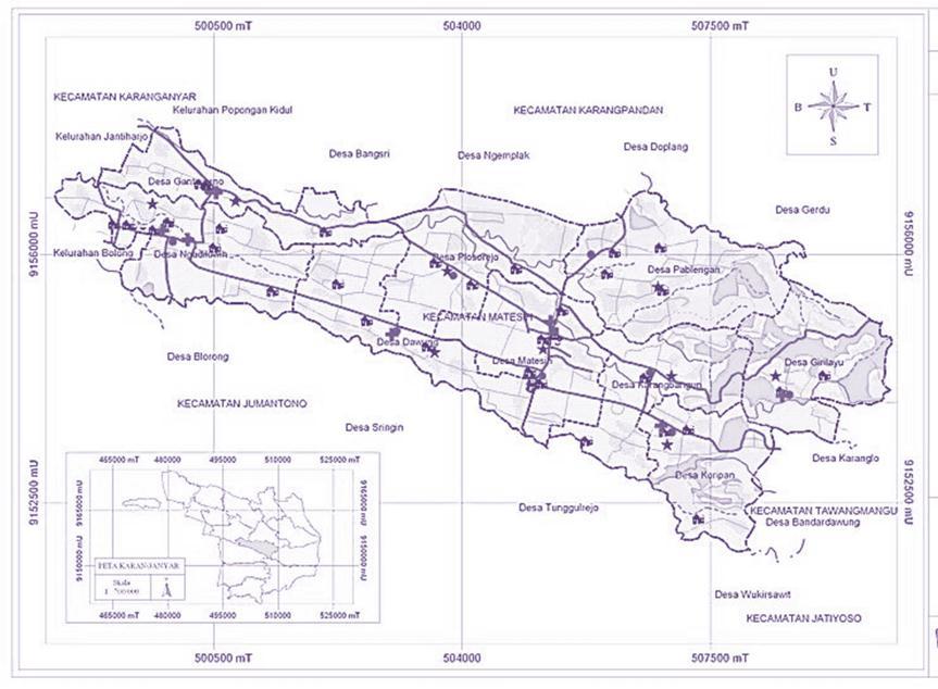 U Gambar 1.2. Peta Kab. Karanganyar, tanda panah adalah lokasi penelitian di Desa Karangbangun Sumber: www.maplandia.