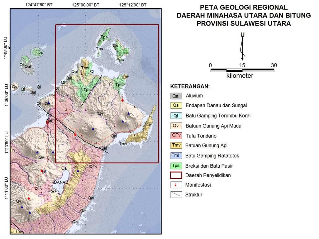 Gambar 2 Peta geologi regional daerah Minahasa Utara dan Bitung (Effendi dan Bawono, 1997) Diagram segitiga Cl-SO4-HCO3 Mata air panas Minahasa Utara-Bitung, Sulawesi Utara Cl KETERANGAN: % Cl 2 SO4