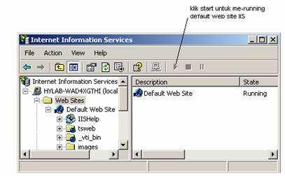 2. IIS (cek running status) Setting IIS dalam keadaan running. Control Panel > administrative tools > Internet Information Services > klik tombol start untuk menjalankan IIS. figure.