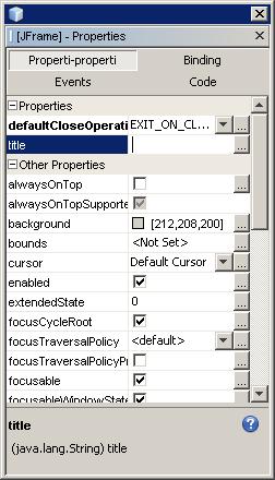 Class JFrame() Merupakan class yang membentuk sebuah frame (form). Properties defaultcloseoperation: memfungsikan tombol2 yang bisa digunakan untuk keluar dari frame in (menutup frame ini).