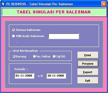 Untuk dapat melihat tabel simulasi salesman, user harus menentukan pilih berdasarkan semua salesman, atau Pilih kode salesman (Tekan F2), urutkan berdasrkan (Barang, No.