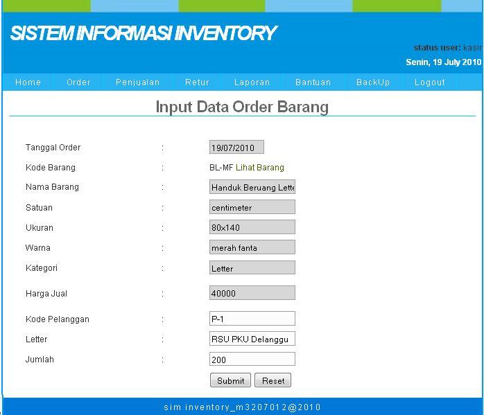 29 4.1.6 Form Order pelanggan. Form order digunakan untuk mencatat data order barang dari Gambar 4.7 Form Order 4.1.7 Form Penjualan Form penjualan digunakan untuk mencatat data penjualan.