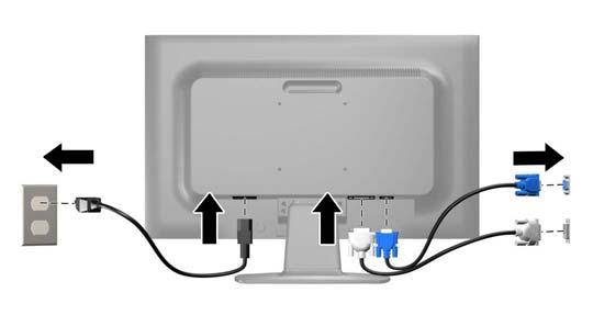 5. Hubungkan satu ujung kabel daya ke konektor daya AC di bagian belakang monitor, dan ujung lainnya ke stopkontak listrik di dinding. Gambar 2-4 Menghubungkan Kabel PERINGATAN!