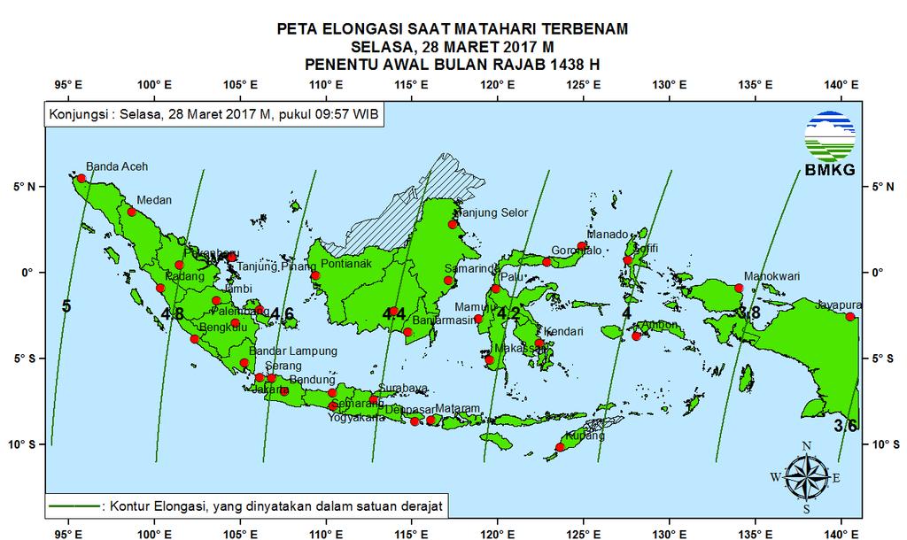 4. Peta Elongasi Pada Gambar 3 ditampilkan peta elongasi untuk pengamat di Indonesia saat Matahari terbenam tanggal 28 Maret 2017.