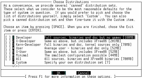 Ada beberapa paket instalasi yang dapat kita pilih di sini, yaitu: Developer untuk paket instalasi programmer yang hendak membangun aplikasi di atas FreeBSD X-Developer untuk paket instalasi