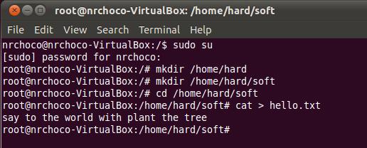 8. Buat subdirektori dengan nama hard pada home. Di dalam direktori hard ada direktori soft. Buatlah file Di dalam directori hard ada direktori soft. Buatlah file bernama hello.