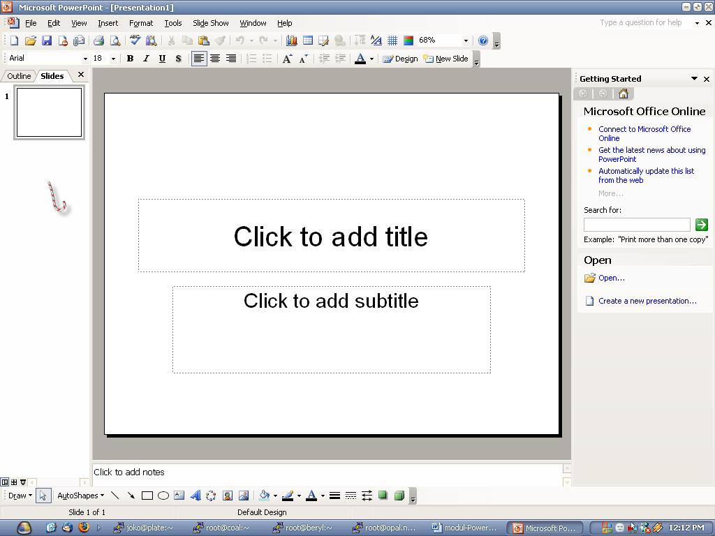 5 6 1 2 3 4 10 7 8 9 Gambar 1.2 Microsoft PowerPoint Keterangan: 1. Titlebar 2. Menubar 3. Standard Toolbar 4. Format Toolbar 5. Outlining Tab 6. Sliding Tab 7. Sliding Viewer 8. Drawing Toolbar 9.