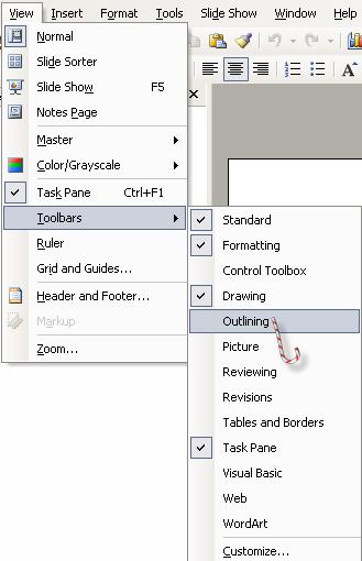 Outlining Toolbar Gambar 2.4. Menampilkan Outlining Toolbar dan Tab Outline Pada tab outline terdapat sebuah kotak kecil. Kotak tersebut merepresentasikan sebuah slide.