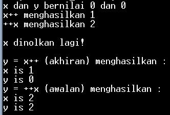 class PenambahanAwalAkhir { public static void main (String[] args) { int x = 0; int y = 0; System.out.println("x dan y bernilai " + x + " dan " + y); x++; System.out.println("x++ menghasilkan "+ x); ++x; System.