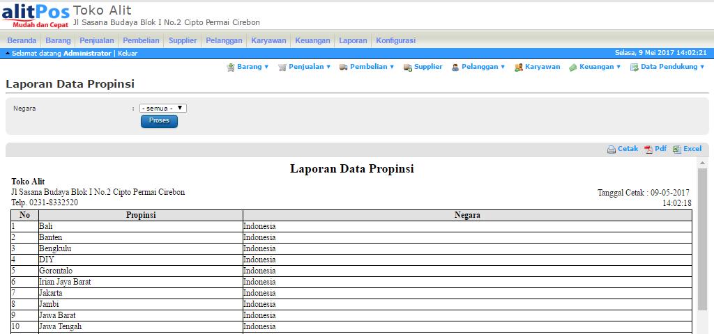 Laporan Data Propinsi - Klik menu Laporan >>> Data Pendukung >>> Data Propinsi.