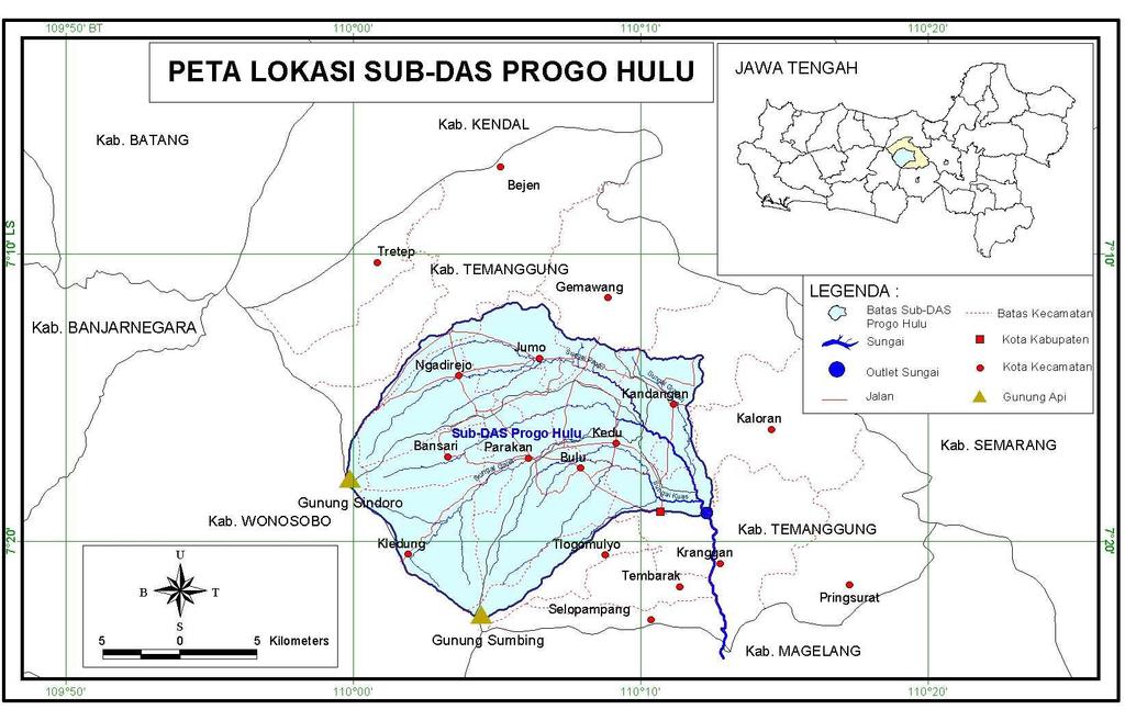 IV. KEADAAN UMUM DAERAH PENELITIAN Lokasi dan Luas Sub-DAS Progo Hulu, DAS Progo secara administrasi berada di wilayah Kabupaten Temanggung dan Kabupaten Wonosobo, Propinsi Jawa Tengah.