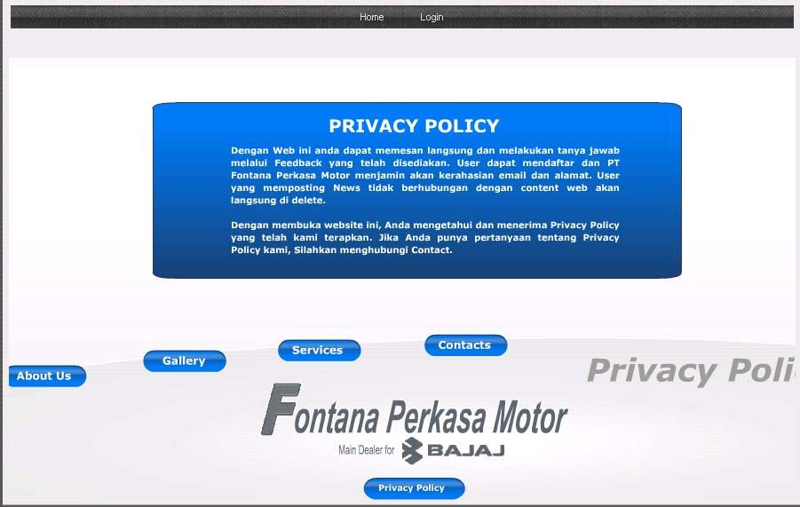 Layar ini menjelaskan privacy policy dari web ini. Pada layar ini terdapat Logo PT FONTANA PERKASA MOTOR di bagian bawah layar. Gambar 4.10 Tampilan Halaman Privacy Policy 4.