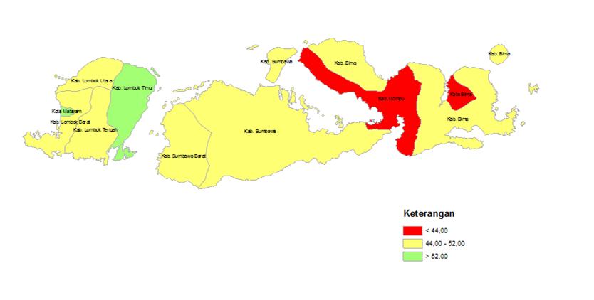 Peta 3.4 Rata-rata Nilai Ujian Nasional Provinsi NTB Jenjang SMK Bila dilihat dari peta 3.4, dapat dilihat bahwa hanya Kabupaten Lombok Timur dan Kota Mataram yang memiliki nilai rata-rata diatas 52.
