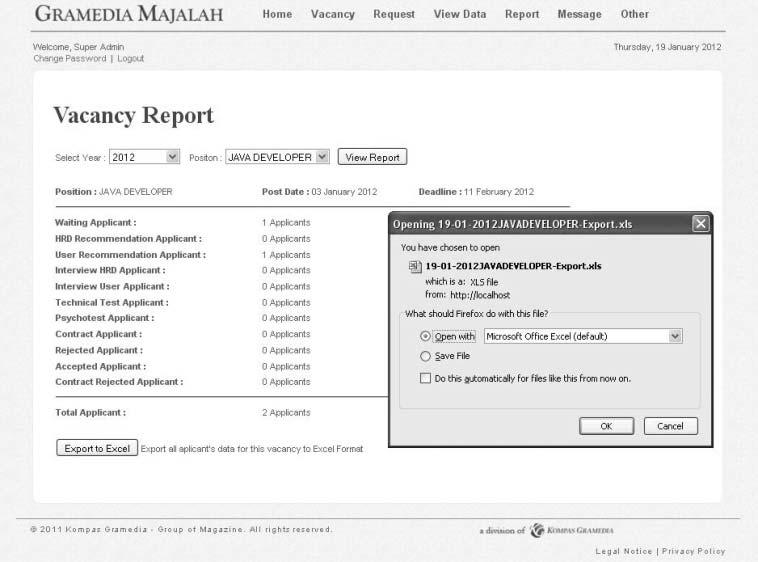 Halaman Report-Vacancy Report Gambar L.56 Halaman Report - Vacancy Report saat memilih tahun dan daftar posisi Pada halaman ini, admin dapat melihat laporan dari setiap lowongan.