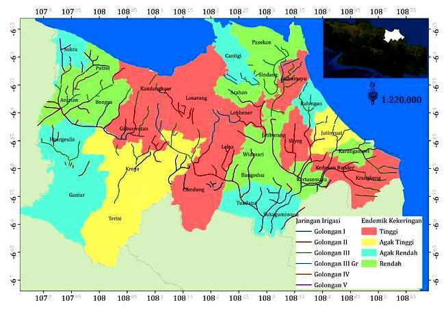 Hasilnya menunjukkan bahwa wilayah dengan tingkat endemik kekeringan tinggi pada umumnya terletak di wilayah ujung irigasi (golongan 3, 4 dan 5), seperti Kandanghaur, Losarang, Gabuswetan dan