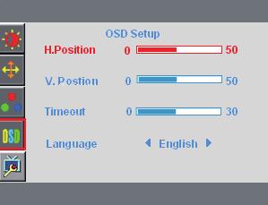 Item Menu Utama Ikon Menu Utama Item Submenu Keterangan Rentang Penyesuaian Nilai Pengaturan Ulang OSD Setup (Konfigurasi OSD) H. Position (Posisi H) Mengatur posisi horizontal OSD.