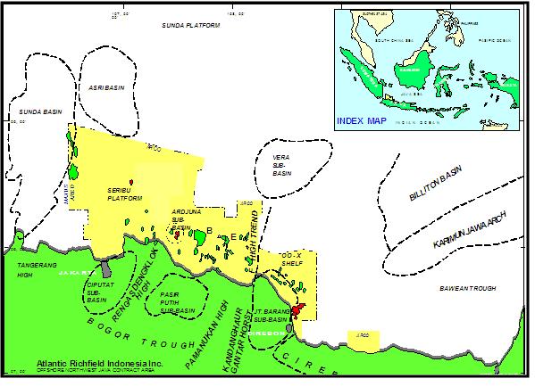 U Lokasi Penelitian Gambar 2.3. Peta lokasi penelitian pada Cekungan Jawa Barat Utara. Warna krem merupakan kontrak wilayah ARCO International Oil and Gas Co., warna biru merupakan lokasi penelitian.