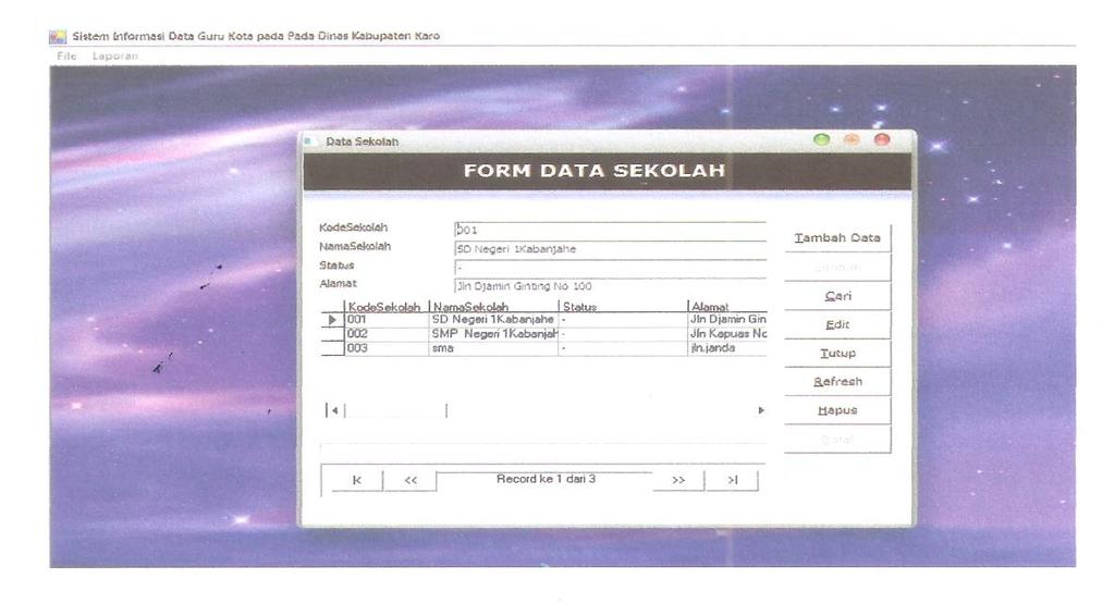 Form Data Sekolah Form Data Sekolah digunakan untuk mengolah data Sekolah seperti penambahan data Sekolah